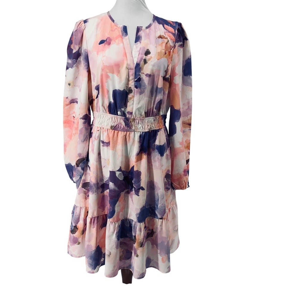 BTFBM Women sz M Floral Watercolor Split V Neck Smocked Waist Tiered Midi Dress